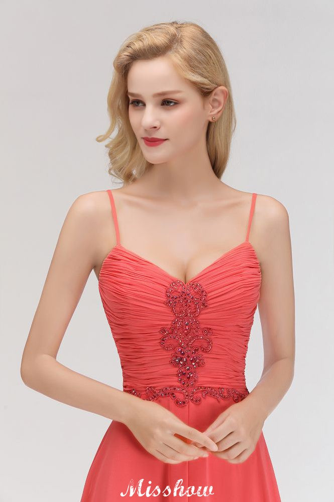 Vestido de noite longo de chiffon Aline com alças finas e sem mangas com contas para madrinha de casamento