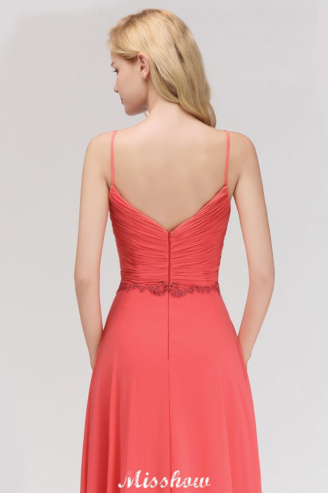 Vestido de noite longo de chiffon Aline com alças finas e sem mangas com contas para madrinha de casamento