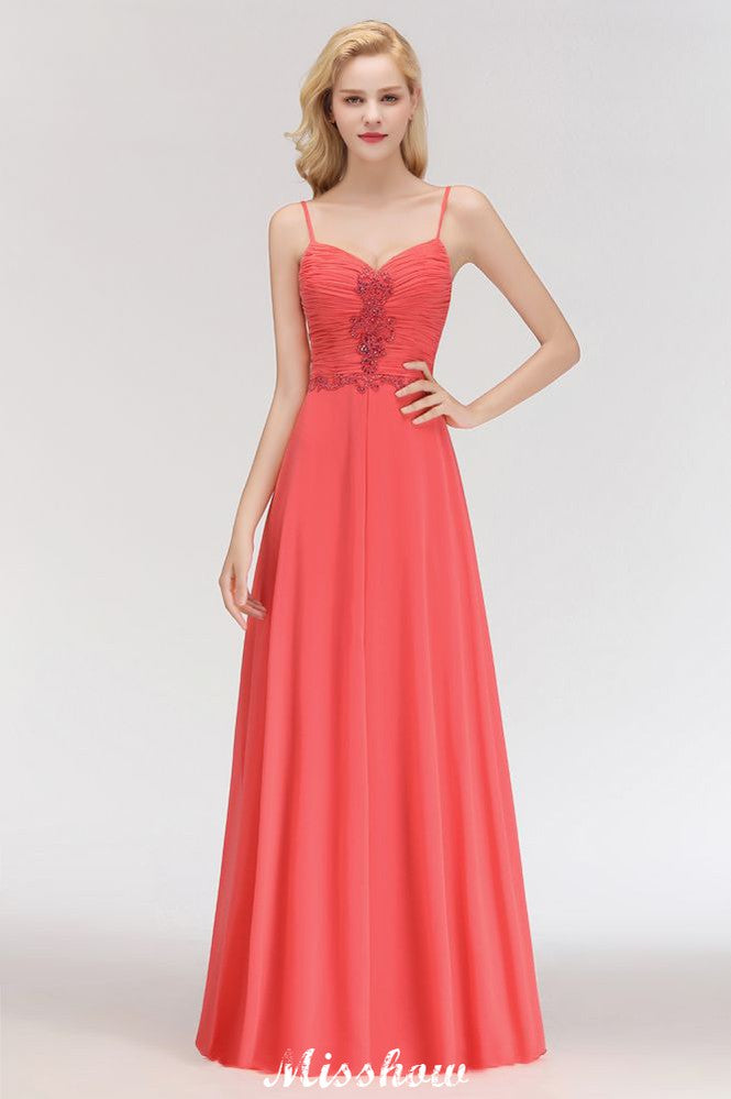 Vestido de noite longo de chiffon Aline com alças finas e sem mangas com contas para madrinha de casamento