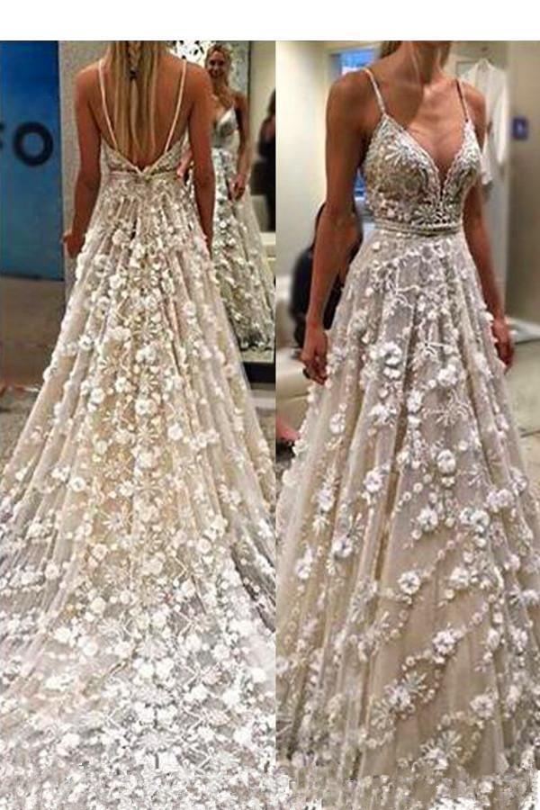 Spaghettiträger Hofschleppe Rückenfreies Brautkleid mit Perlenbesatz WD376 