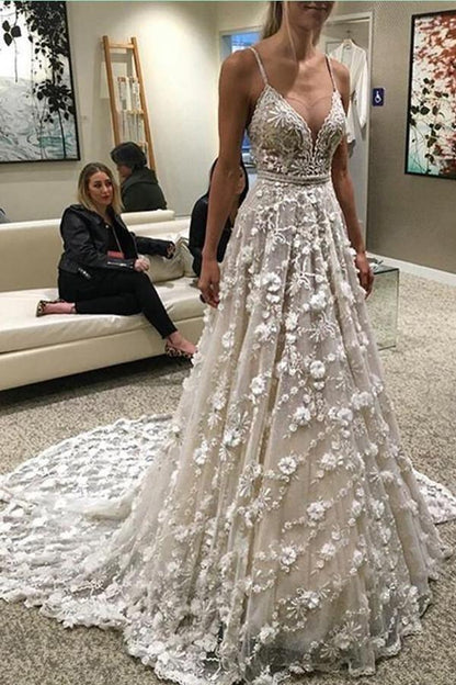Spaghettiträger Hofschleppe Rückenfreies Brautkleid mit Perlenbesatz WD376 