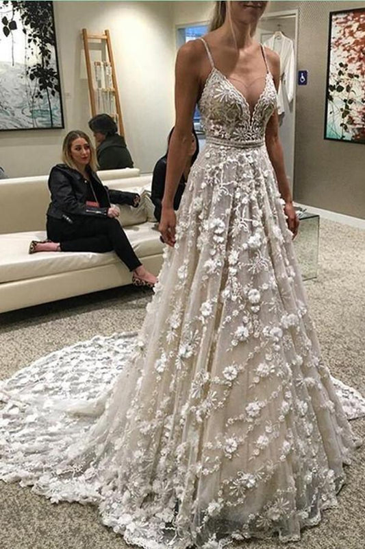 Spaghettiträger Hofschleppe Rückenfreies Brautkleid mit Perlenbesatz WD376 