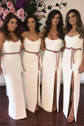 Vestido de dama de honor con tirantes finos, largo hasta el suelo, abertura y faja BD044