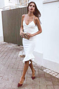 Knielanges Cocktail-/Homecoming-Kleid aus weißem Satin mit Spaghettiträgern PD076