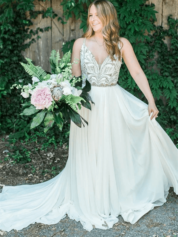 Spaghetti Straps Neckline A-line Rustic Wedding Dresses With Beaded WD549