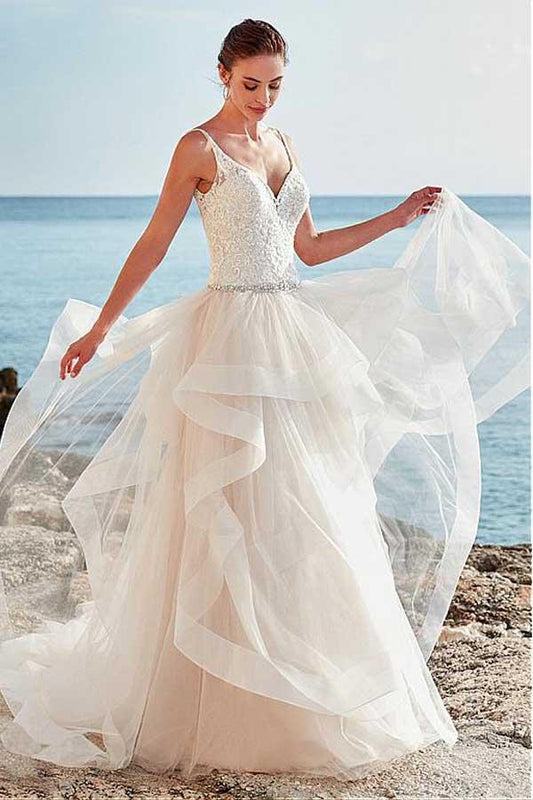 A-Linie Brautkleid mit Spaghettiträgern und Perlenbesatz WD195