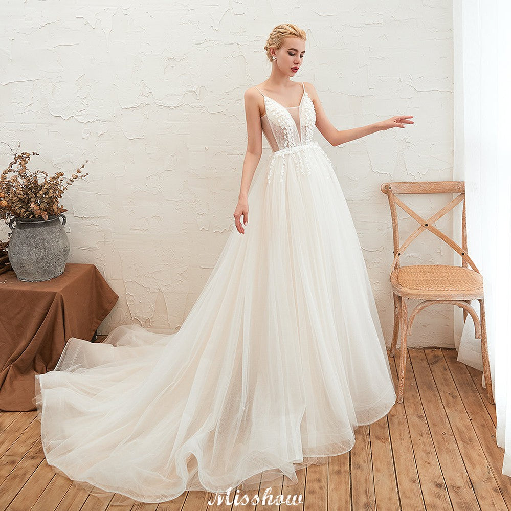 Spaghettiträger Tiefer V-Ausschnitt Brautkleid Tiefer Rücken Champagner Brautkleid