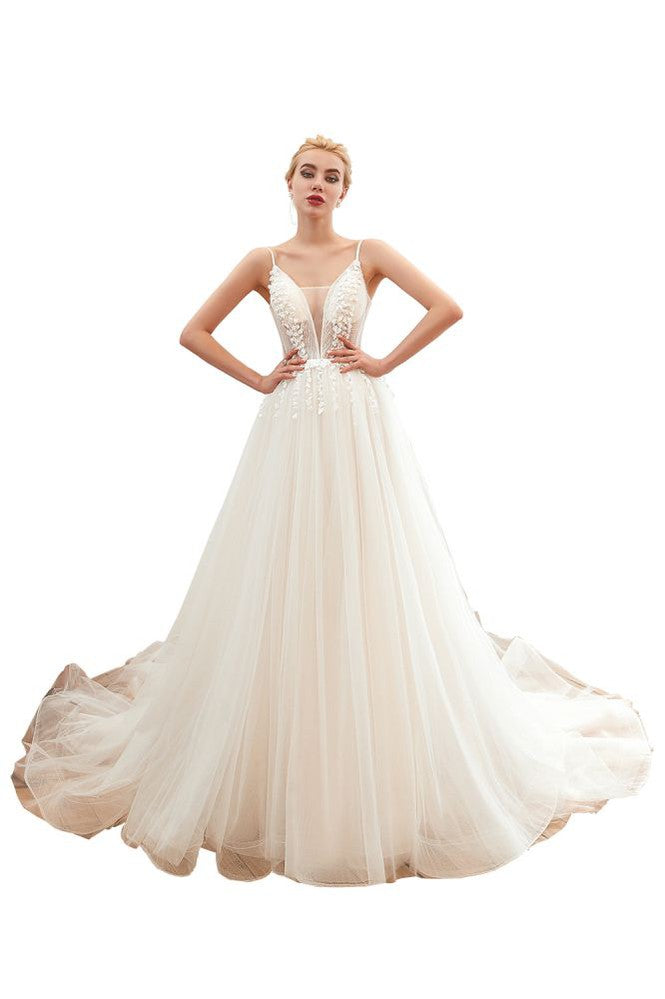 Spaghettiträger Tiefer V-Ausschnitt Brautkleid Tiefer Rücken Champagner Brautkleid