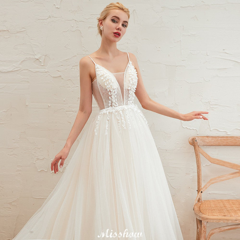 Spaghettiträger Tiefer V-Ausschnitt Brautkleid Tiefer Rücken Champagner Brautkleid