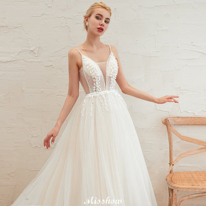 Spaghettiträger Tiefer V-Ausschnitt Brautkleid Tiefer Rücken Champagner Brautkleid