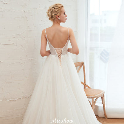 Spaghettiträger Tiefer V-Ausschnitt Brautkleid Tiefer Rücken Champagner Brautkleid
