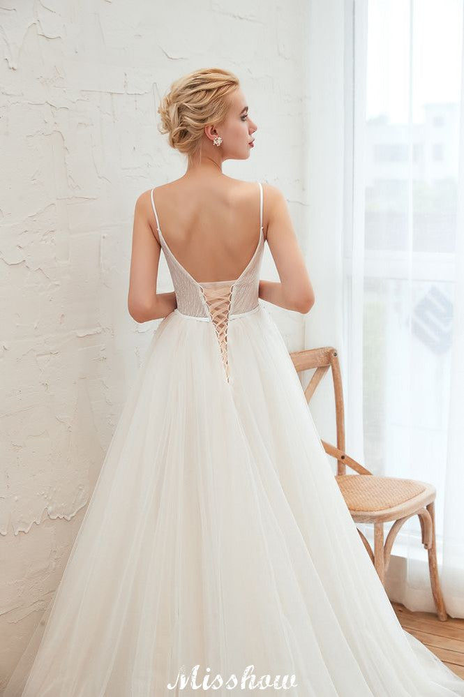 Spaghettiträger Tiefer V-Ausschnitt Brautkleid Tiefer Rücken Champagner Brautkleid