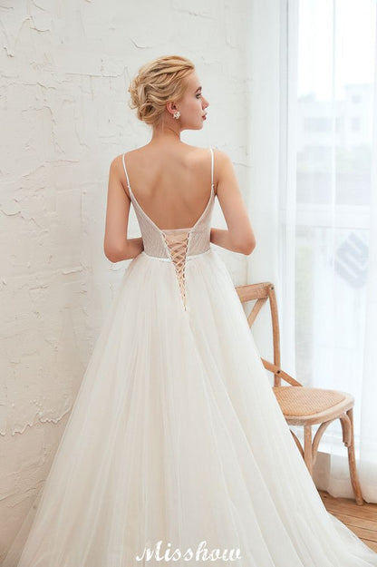 Spaghettiträger Tiefer V-Ausschnitt Brautkleid Tiefer Rücken Champagner Brautkleid