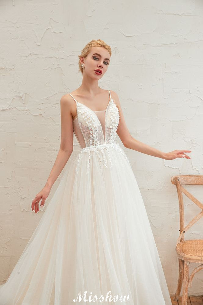 Spaghettiträger Tiefer V-Ausschnitt Brautkleid Tiefer Rücken Champagner Brautkleid