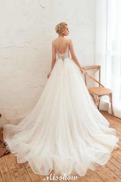 Spaghettiträger Tiefer V-Ausschnitt Brautkleid Tiefer Rücken Champagner Brautkleid