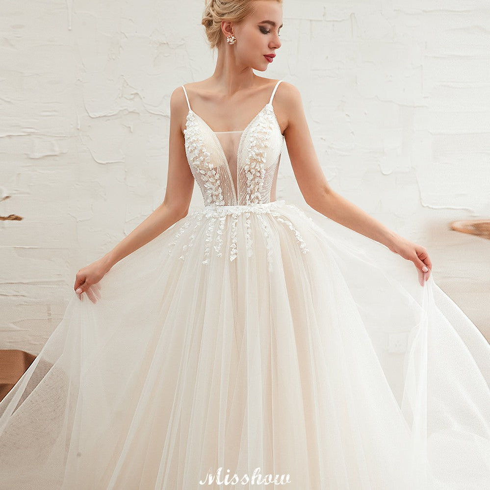 Spaghettiträger Tiefer V-Ausschnitt Brautkleid Tiefer Rücken Champagner Brautkleid