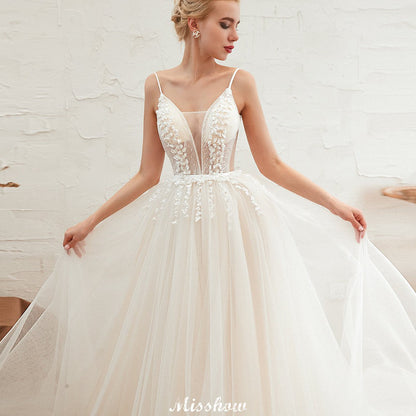 Spaghettiträger Tiefer V-Ausschnitt Brautkleid Tiefer Rücken Champagner Brautkleid