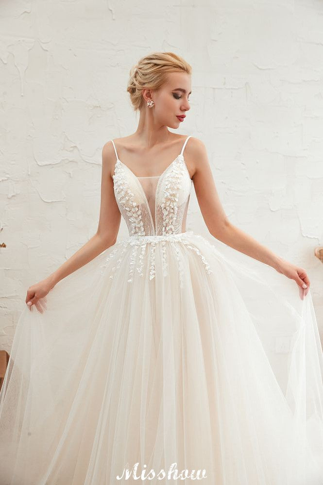 Spaghettiträger Tiefer V-Ausschnitt Brautkleid Tiefer Rücken Champagner Brautkleid
