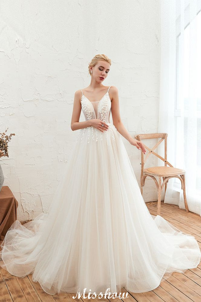 Spaghettiträger Tiefer V-Ausschnitt Brautkleid Tiefer Rücken Champagner Brautkleid