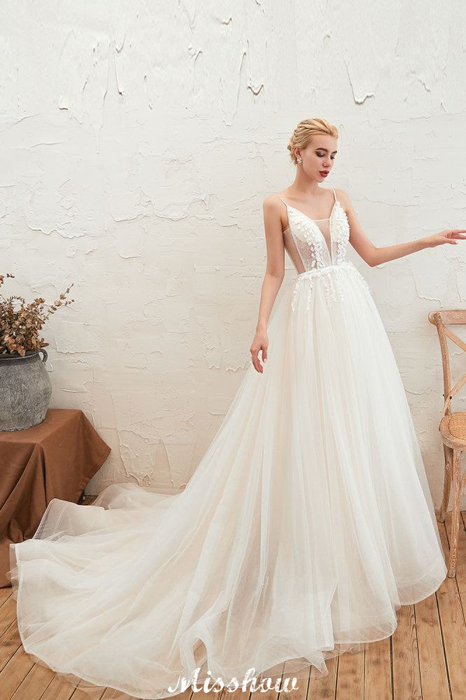 Spaghettiträger Tiefer V-Ausschnitt Brautkleid Tiefer Rücken Champagner Brautkleid