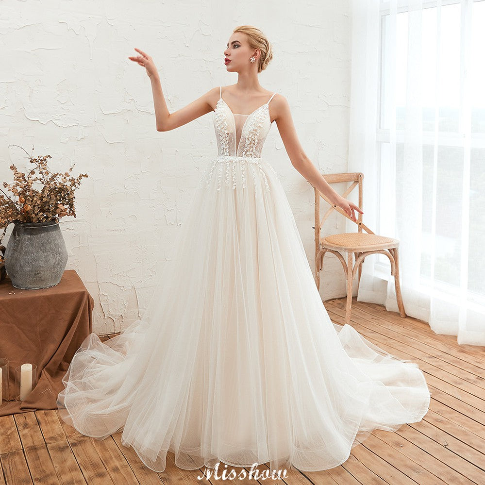 Spaghettiträger Tiefer V-Ausschnitt Brautkleid Tiefer Rücken Champagner Brautkleid