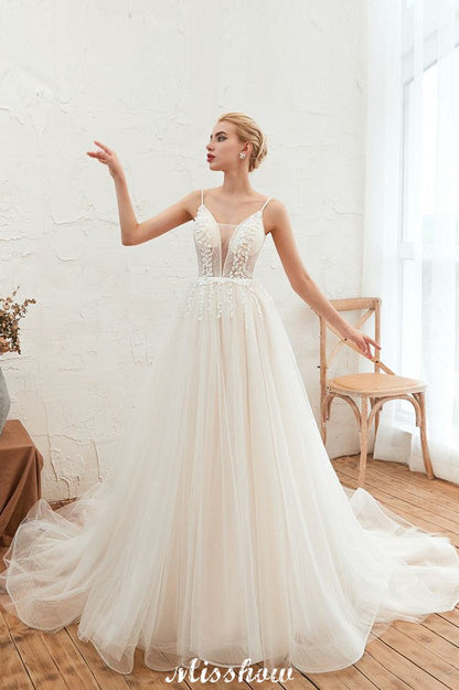 Spaghettiträger Tiefer V-Ausschnitt Brautkleid Tiefer Rücken Champagner Brautkleid