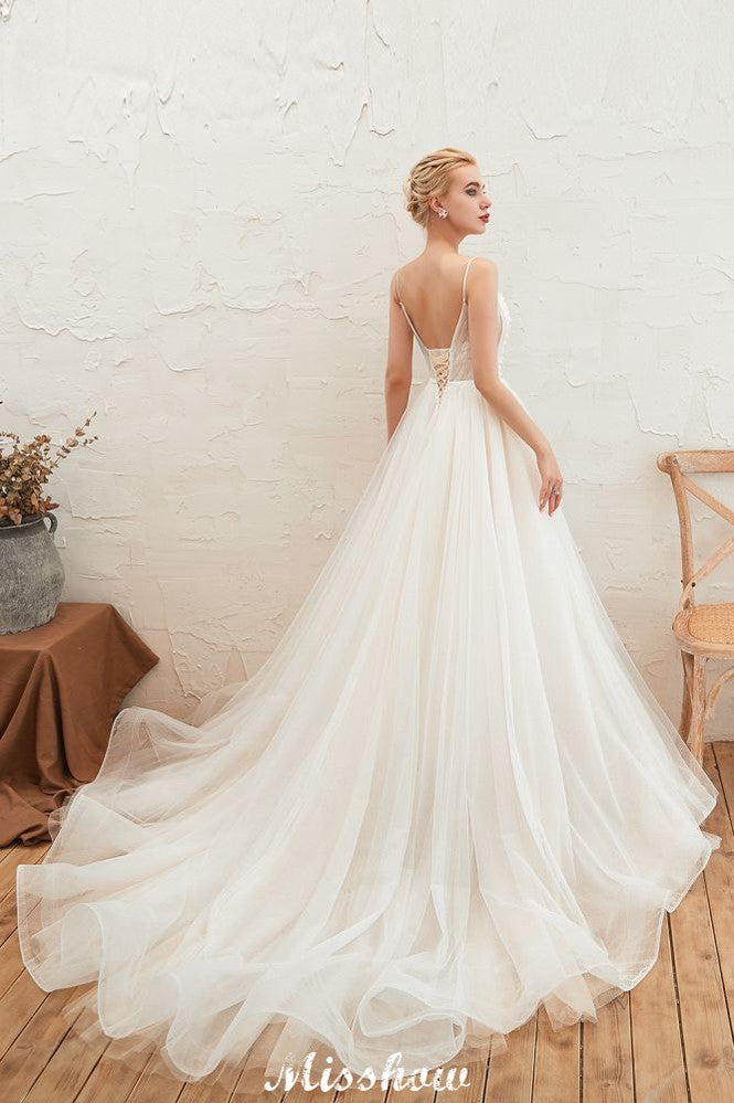 Spaghettiträger Tiefer V-Ausschnitt Brautkleid Tiefer Rücken Champagner Brautkleid