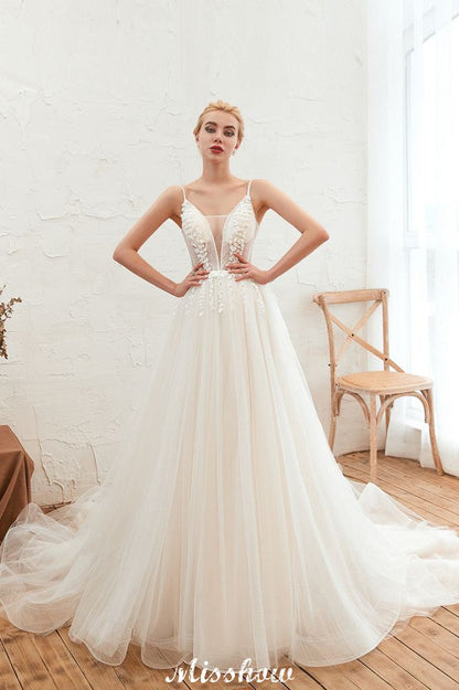 Spaghettiträger Tiefer V-Ausschnitt Brautkleid Tiefer Rücken Champagner Brautkleid