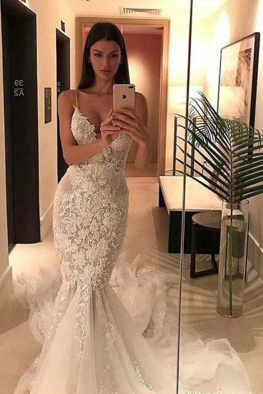 Spaghettiträger Hübsche Meerjungfrau Applizierte V-Ausschnitt Tüll Elegante Brautkleider 