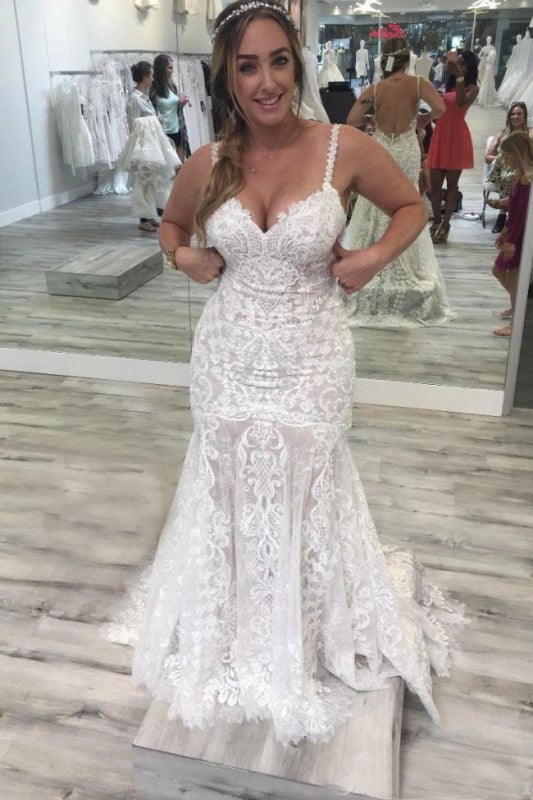 Spaghetti Straps Pretty Mermaid V Neck Backless Lace Elegant Wedding Dresses
