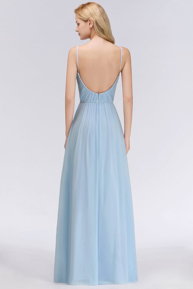 Vestido de dama de honor de gasa con tirantes finos y fruncido en azul cielo, corte A, para fiesta de boda