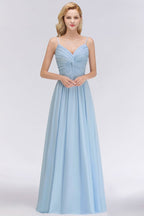 Vestido de dama de honor de gasa con tirantes finos y fruncido en azul cielo, corte A, para fiesta de boda