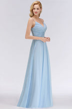 Vestido de dama de honor de gasa con tirantes finos y fruncido en azul cielo, corte A, para fiesta de boda