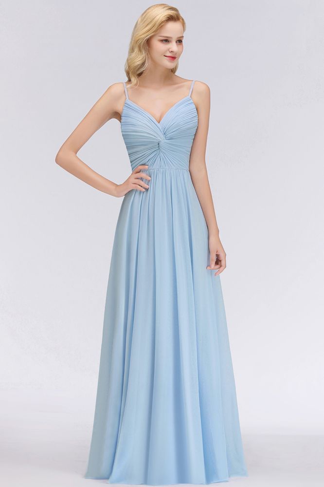 Vestido de dama de honor de gasa con tirantes finos y fruncido en azul cielo, corte A, para fiesta de boda
