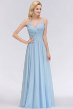 Vestido de dama de honor de gasa con tirantes finos y fruncido en azul cielo, corte A, para fiesta de boda