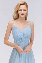 Vestido de dama de honor de gasa con tirantes finos y fruncido en azul cielo, corte A, para fiesta de boda