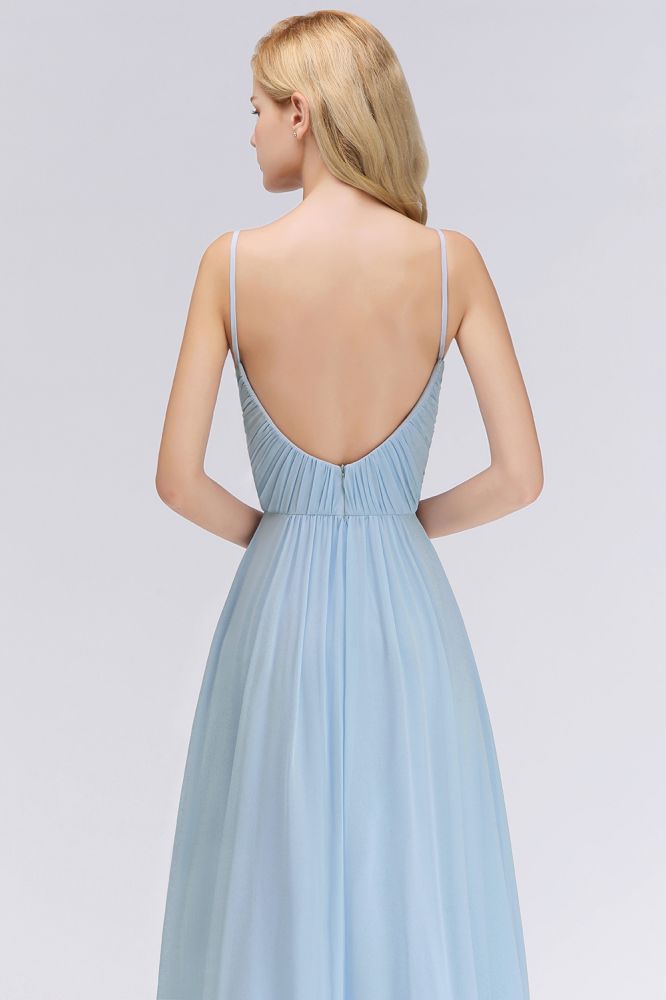 Vestido de dama de honor de gasa con tirantes finos y fruncido en azul cielo, corte A, para fiesta de boda