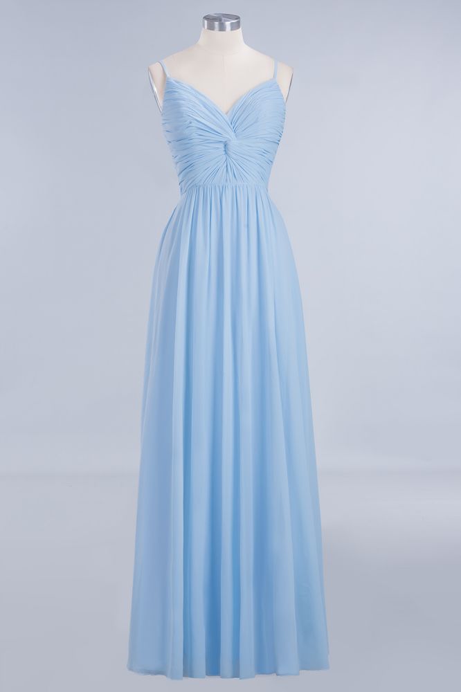 Vestido de dama de honor de gasa con tirantes finos y fruncido en azul cielo, corte A, para fiesta de boda