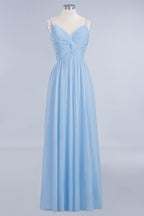 Vestido de dama de honor de gasa con tirantes finos y fruncido en azul cielo, corte A, para fiesta de boda