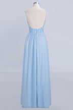 Vestido de dama de honor de gasa con tirantes finos y fruncido en azul cielo, corte A, para fiesta de boda