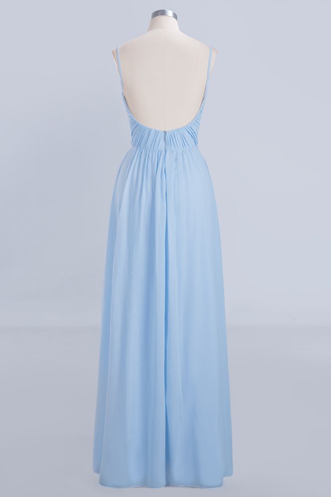 Vestido de dama de honor de gasa con tirantes finos y fruncido en azul cielo, corte A, para fiesta de boda