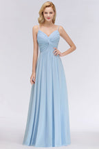 Vestido de dama de honor de gasa con tirantes finos y fruncido en azul cielo, corte A, para fiesta de boda