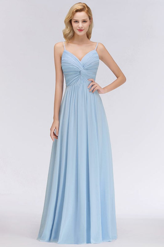 Spaghettiträger Ruggle Chiffon Brautjungfernkleid Himmelblau A-Linie Hochzeitspartykleid
