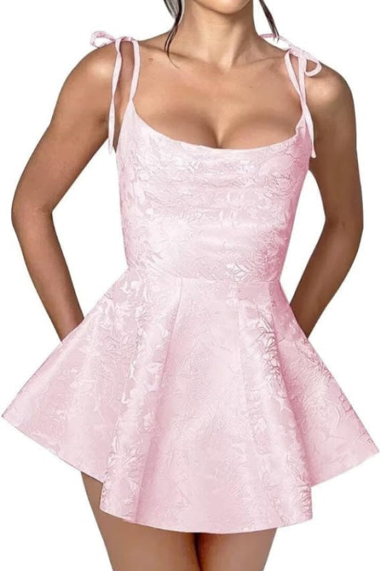 Glamouröses Spaghettiträger-Mini-Partykleid aus Satin mit Jacquard-Ärmel