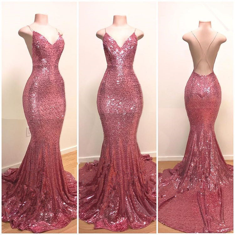 Vestido de fiesta largo de sirena con lentejuelas y tirantes finos