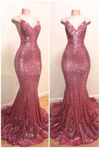 Vestido de fiesta largo de sirena con lentejuelas y tirantes finos