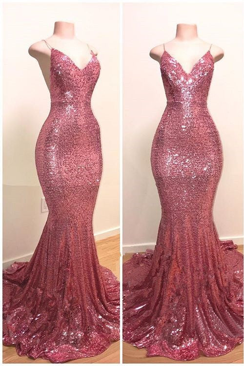 Vestido de fiesta largo de sirena con lentejuelas y tirantes finos