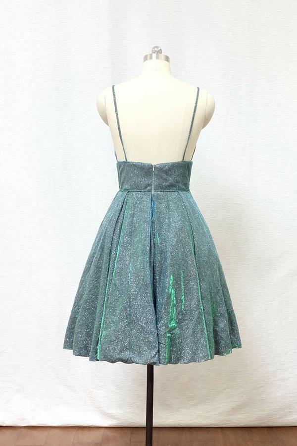 Spaghettiträger Silber Grün Glitzer Kurzes Homecoming-Kleid mit Taschen PD428