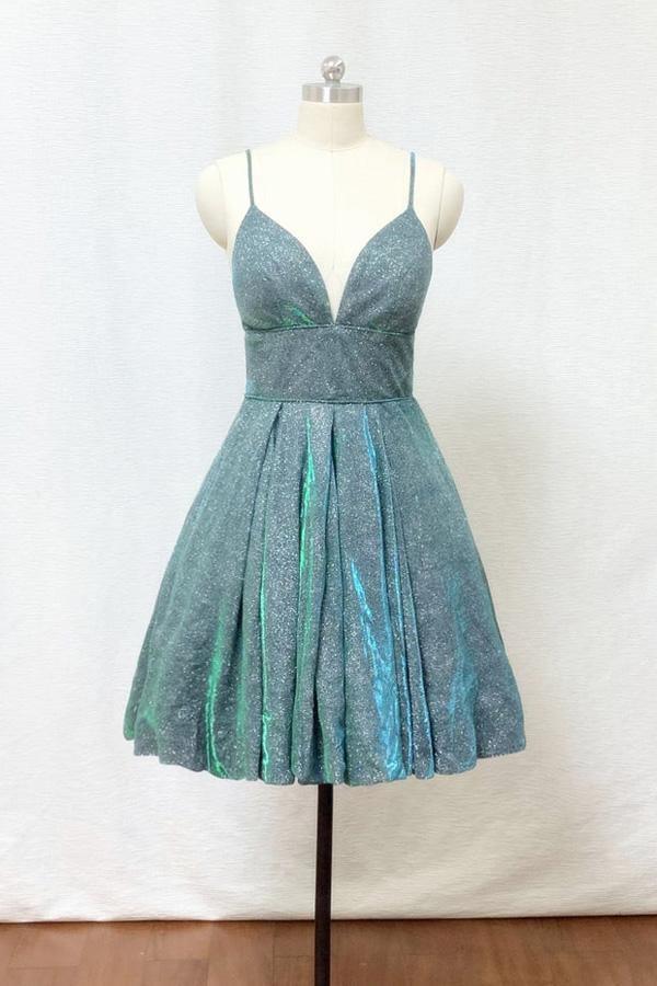 Spaghettiträger Silber Grün Glitzer Kurzes Homecoming-Kleid mit Taschen PD428