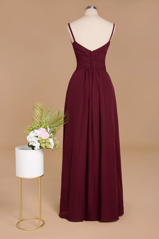 Vestido largo de noche sencillo con tirantes finos, corte A, de gasa, con volantes